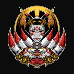 Japanese Geisha Kitsune Mecha Illustration perfect for t-shirt design, merchandise, poster, sticker, etc