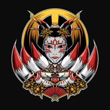 Japanese Geisha Kitsune Mecha Illustration perfect for t-shirt design, merchandise, poster, sticker, etc