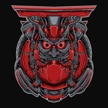 Red Daruma doll Mecha Illustration perfect for t-shirt design, merchandise, poster, sticker, etc