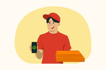 Delivery young man giving food order pizza boxes concept