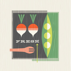 Retro illustration of vegetables including peas and radishes. Healthy eating design for posters, menus, decor and social media. Mid century bauhaus style vector illustration.