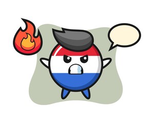 Netherlands flag badge character cartoon with angry gesture