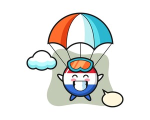 Netherlands flag badge mascot cartoon is skydiving with happy gesture