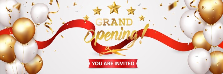 Grand opening card design with gold ribbon and confetti