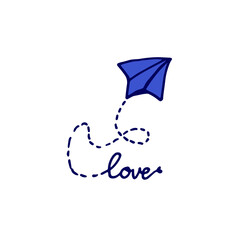 origami vector illustration, blue aircraft icon on white background. hand drawn vector. cute  aircraft with love-hand drawn lettering. doodle art for logo, label, sticker, clipart, poster, greeting.
