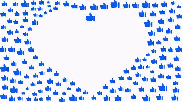 animation of a silhouette of a heart, assembled from many like icons on a white background. Thumbs up cutouts, splash screens. Like, emotions, social media, internet.