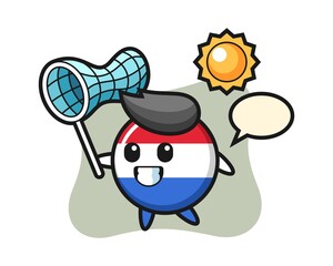 Netherlands flag badge mascot illustration is catching butterfly