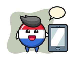 Netherlands flag badge illustration cartoon holding a smartphone