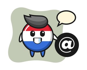 Cartoon illustration of netherlands flag badge standing beside the At symbol