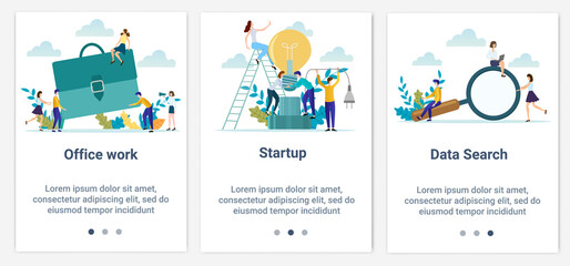 Modern flat illustrations in the form of a slider for web design. A set of UI and UX interfaces for the user interface.Topic Office work and startup.