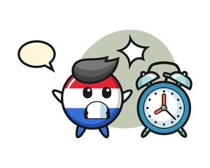 Cartoon illustration of netherlands flag badge is surprised with a giant alarm clock