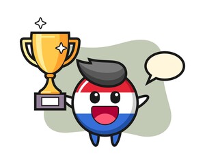 Cartoon illustration of netherlands flag badge is happy holding up the golden trophy