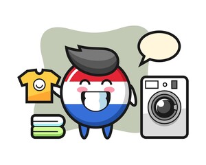 Mascot cartoon of netherlands flag badge with washing machine