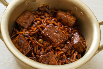 Jjapaguri or Chapaguri, Korean Black Beans Spicy Noodles with Beef