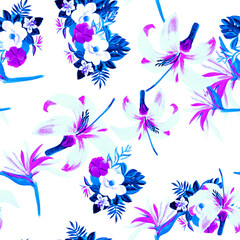 Fototapeta na wymiar Pink Pattern Leaves. White Seamless Texture. Blue Tropical Exotic. Navy Wallpaper Textile. Gray Flower Art. Indigo Decoration Texture. Drawing Leaf.
