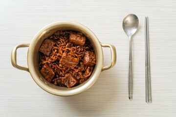 Jjapaguri or Chapaguri, Korean Black Beans Spicy Noodles with Beef