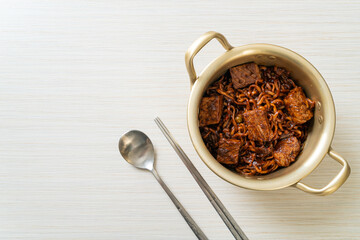 Jjapaguri or Chapaguri, Korean Black Beans Spicy Noodles with Beef