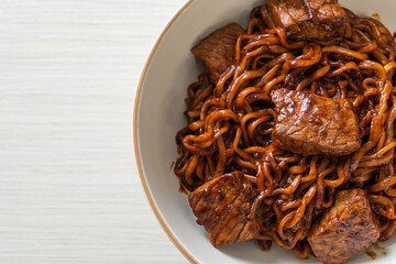 Jjapaguri or Chapaguri, Korean Black Beans Spicy Noodles with Beef