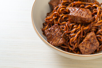 Jjapaguri or Chapaguri, Korean Black Beans Spicy Noodles with Beef