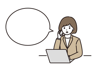 パソコンの前で電話をして困るスーツ姿の若い女性 吹き出し