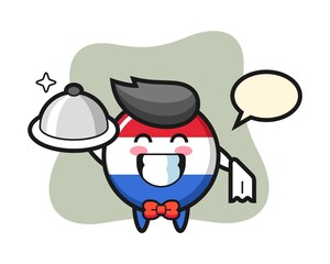 Character mascot of netherlands flag badge as a waiters