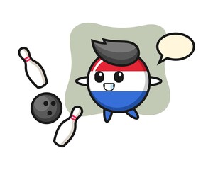 Character cartoon of netherlands flag badge is playing bowling