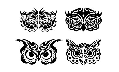 Owl face tattoo set isolated on white background. Vector illustration.