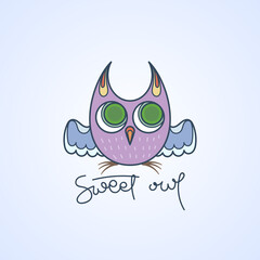 Sweet owl logo. Doodel isolated emblem design. Kids education symbol
