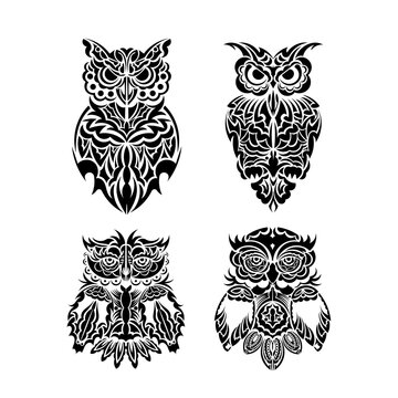 Owl tattoo set isolated on white background. Vector