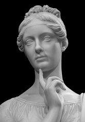 Ancient white marble sculpture head of young woman. Statue of sensual renaissance art era woman antique style. Face isolated on black background © Ruslan Gilmanshin