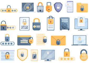 Password protection icons set. Cartoon set of password protection vector icons for web design