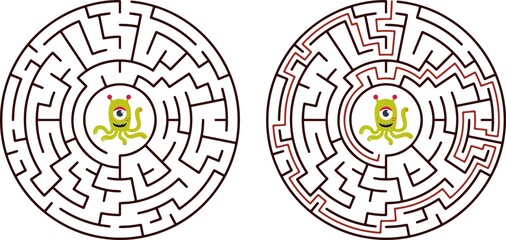 Circular maze with way from center to exit on turquoise blue background. Problem, confusion and solution concept. Flat design