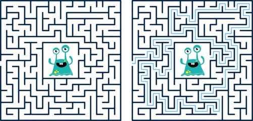 Circular maze with way from center to exit on turquoise blue background. Problem, confusion and solution concept. Flat design