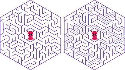 Circular maze with way from center to exit on turquoise blue background. Problem, confusion and solution concept. Flat design