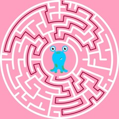 Circular maze with way from center to exit on turquoise blue background. Problem, confusion and solution concept. Flat design