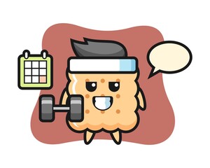 Cracker mascot cartoon doing fitness with dumbbell