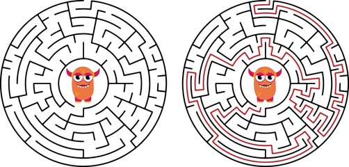 Circular maze with way from center to exit on turquoise blue background. Problem, confusion and solution concept. Flat design