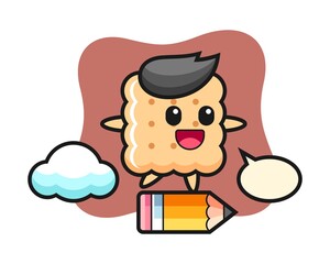 Cracker mascot illustration riding on a giant pencil