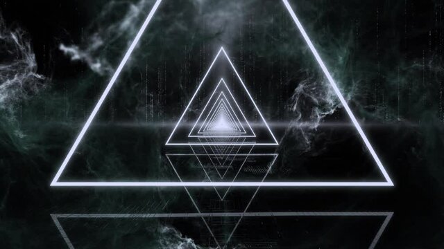 Abstract Triangle Neon Glow with Nebula Background Loop. Futuristic VJ motion graphics, club concert with projection mapping and high tech background seamless loop .