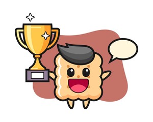 Cartoon illustration of cracker is happy holding up the golden trophy