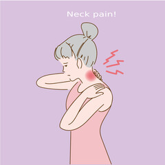 Tired woman having neck pain symptom. girl holds neck in his hands. Feeling very unwell. Chronic muscle spasms. Nerve over bone problems. Office syndrome concept. Simple line drawing hand.