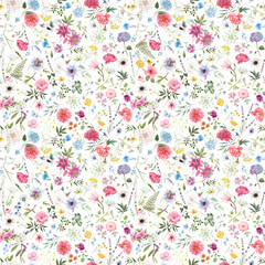 Beautiful seamless floral pattern with watercolor hand drawn gentle summer flowers. Stock illustration. Natural artwork.