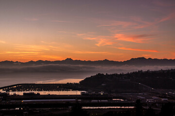 sunset at the puget sound and Olympis mountains