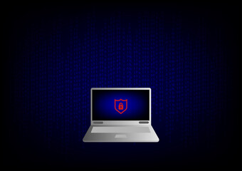 Cybercrime concepts. Computer or laptop with red lock security and blue binary code background. Stolen data and use it for payments and shopping on a laptop. 