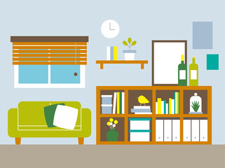 シェルフとソファのあるインテリア