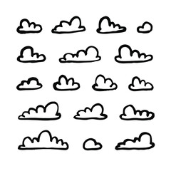 Set of funny clouds in line art style on white background. Hand drawn illustration cartoon sky. Creative paint work. Actual vector weather drawing