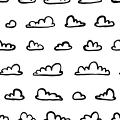 Set of funny clouds in line art style on white background. Hand drawn illustration cartoon sky. Creative paint work. Actual vector weather drawing