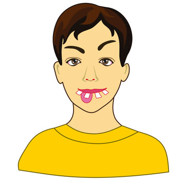 goofy man with crooked teeth, differently sized eyes, stupid look, sticking out tongue and silly dumb face, simplistic facial expression vector illustration