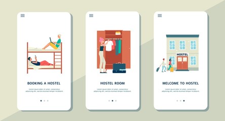 Vector set of mobile phone screens with app for choosing and booking hostel