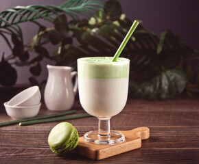 Dalgona Matcha Latte,creamy whipped matcha green tea with plant on the background